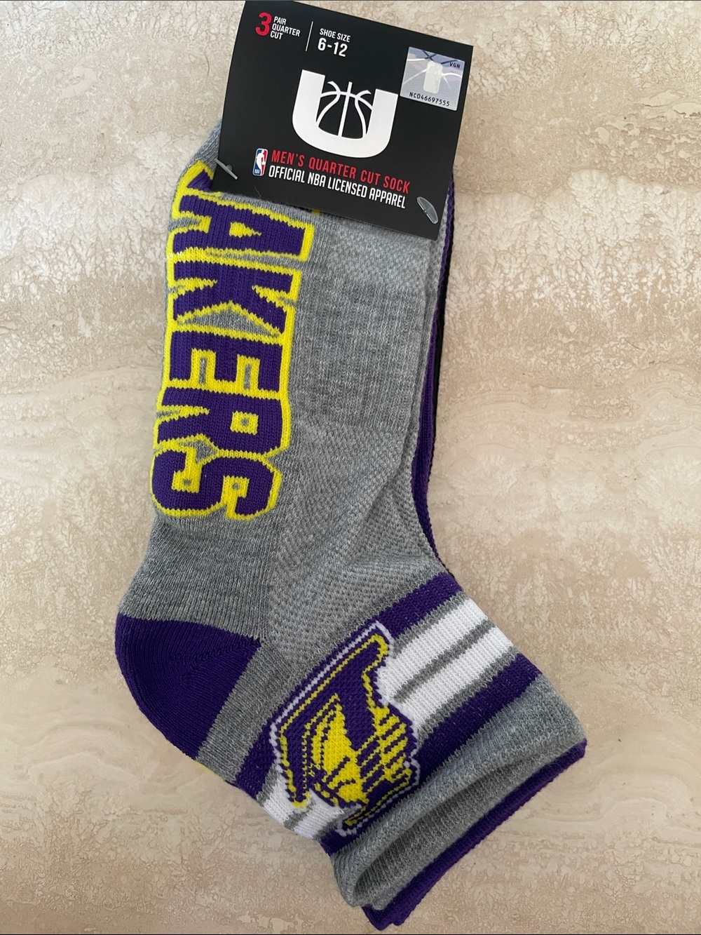 NBA Lakers Quarter-Cut Athletic Socks in Gray, Purple & Yellow (3-Pack)